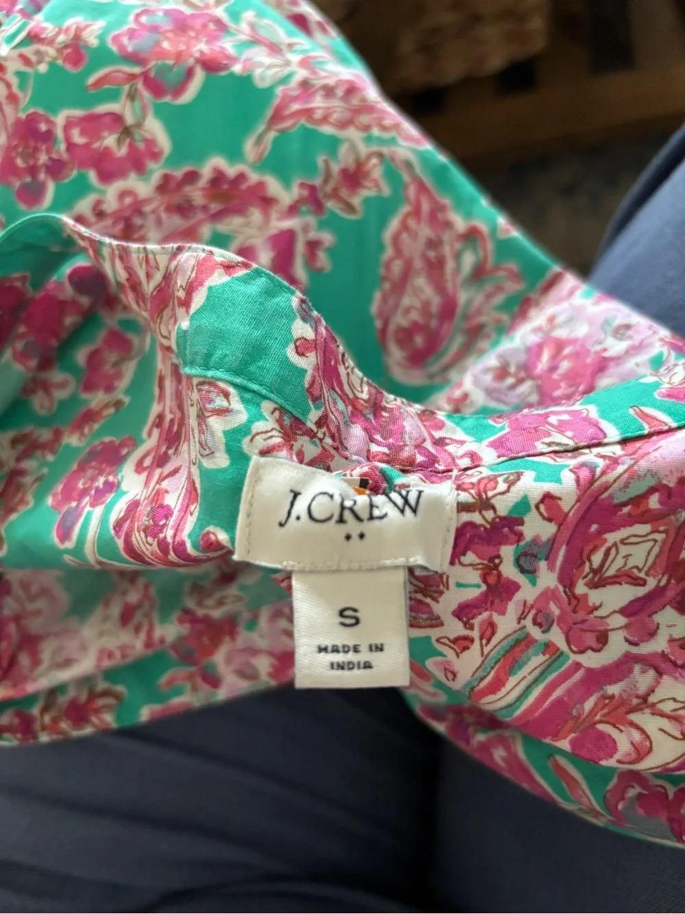 J. Crew Teal Short-Sleeve Blouse with Pink Floral Paisley Print